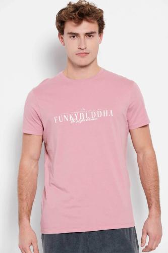 Funky Buddha ανδρικό βαμβακερό T-shirt με contrast lettering και logo label στο πλάι - FBM007-023-04 Ροζ M